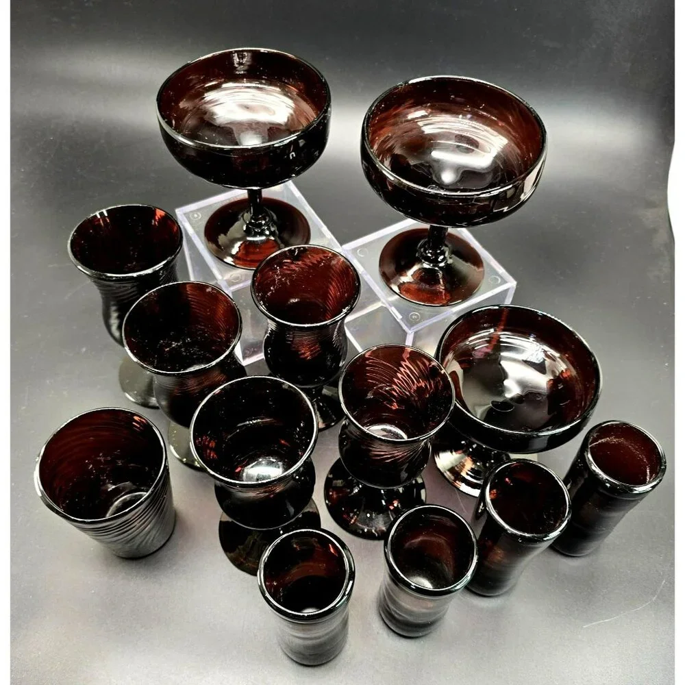 Vintage Handblown Dark Pink Glass Drinkware Set of 14 Pieces DH1357